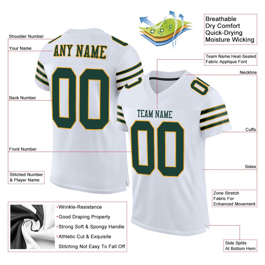 Custom White Green-Gold Classic Style Mesh Authentic American Football Jersey| KXKSHOP