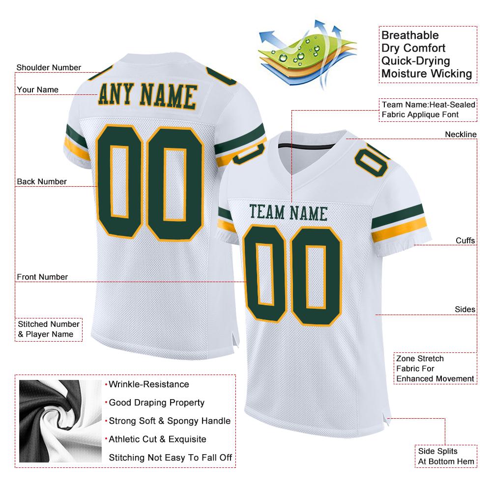 Custom White Green-Gold Classic Style Mesh Authentic American Football Jersey| KXKSHOP